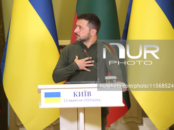 President of Ukraine Volodymyr Zelenskyy is seen during a joint press conference with President of Lithuania Gitanas Nauseda in Kyiv, Ukrain...