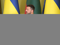 President of Ukraine Volodymyr Zelenskyy is seen during a joint press conference with President of Lithuania Gitanas Nauseda in Kyiv, Ukrain...