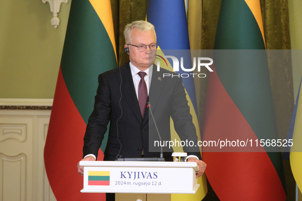 President of Lithuania Gitanas Nauseda is seen during a joint press conference with President of Ukraine Volodymyr Zelenskyy in Kyiv, Ukrain...