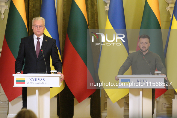 President of Ukraine Volodymyr Zelenskyy (R) and President of Lithuania Gitanas Nauseda are pictured during a joint press conference in Kyiv...