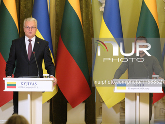 President of Ukraine Volodymyr Zelenskyy (R) and President of Lithuania Gitanas Nauseda are pictured during a joint press conference in Kyiv...