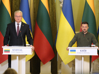 President of Ukraine Volodymyr Zelenskyy (R) and President of Lithuania Gitanas Nauseda are pictured during a joint press conference in Kyiv...