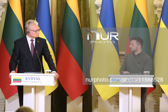 President of Ukraine Volodymyr Zelenskyy (R) and President of Lithuania Gitanas Nauseda are pictured during a joint press conference in Kyiv...