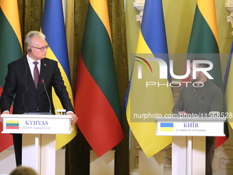 President of Ukraine Volodymyr Zelenskyy (R) and President of Lithuania Gitanas Nauseda are pictured during a joint press conference in Kyiv...