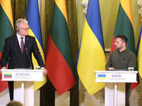 President of Ukraine Volodymyr Zelenskyy (R) and President of Lithuania Gitanas Nauseda are pictured during a joint press conference in Kyiv...