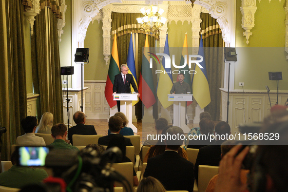 President of Ukraine Volodymyr Zelenskyy (R) and President of Lithuania Gitanas Nauseda are pictured during a joint press conference in Kyiv...