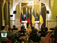 President of Ukraine Volodymyr Zelenskyy (R) and President of Lithuania Gitanas Nauseda are pictured during a joint press conference in Kyiv...