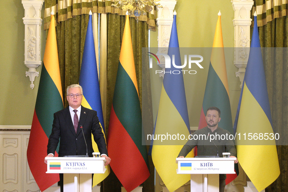 President of Ukraine Volodymyr Zelenskyy (R) and President of Lithuania Gitanas Nauseda are pictured during a joint press conference in Kyiv...