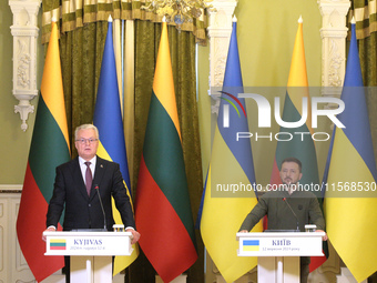 President of Ukraine Volodymyr Zelenskyy (R) and President of Lithuania Gitanas Nauseda are pictured during a joint press conference in Kyiv...