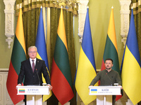 President of Ukraine Volodymyr Zelenskyy (R) and President of Lithuania Gitanas Nauseda are pictured during a joint press conference in Kyiv...