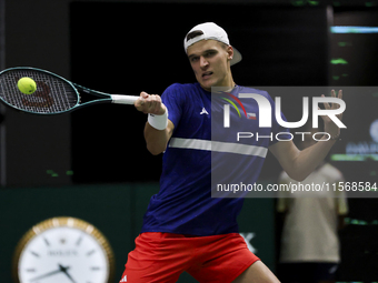 Jakub Mensik participates in the Davis Cup match between Czechia and Australia in Valencia, Spain, on September 12, 2023. (