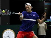 Jakub Mensik participates in the Davis Cup match between Czechia and Australia in Valencia, Spain, on September 12, 2023. (