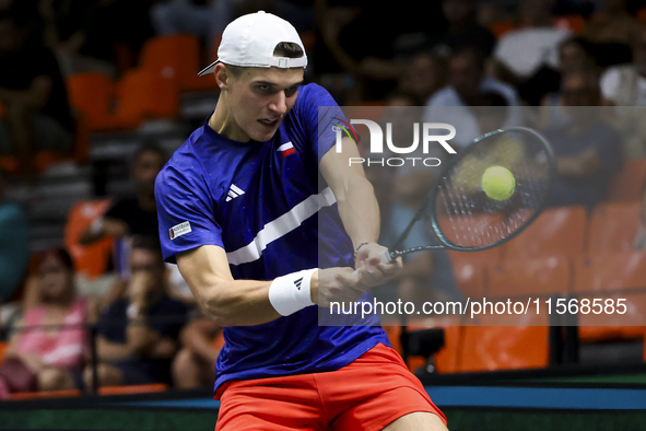 Jakub Mensik participates in the Davis Cup match between Czechia and Australia in Valencia, Spain, on September 12, 2023. 