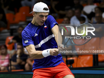 Jakub Mensik participates in the Davis Cup match between Czechia and Australia in Valencia, Spain, on September 12, 2023. (