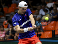 Jakub Mensik participates in the Davis Cup match between Czechia and Australia in Valencia, Spain, on September 12, 2023. (