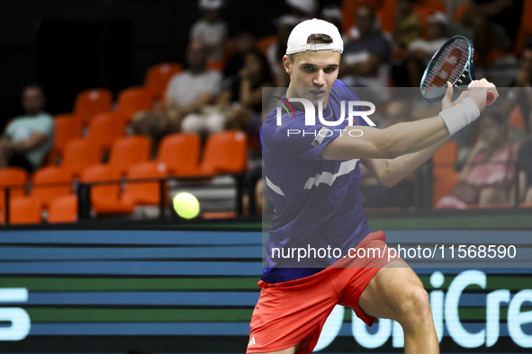 Jakub Mensik participates in the Davis Cup match between Czechia and Australia in Valencia, Spain, on September 12, 2023. 