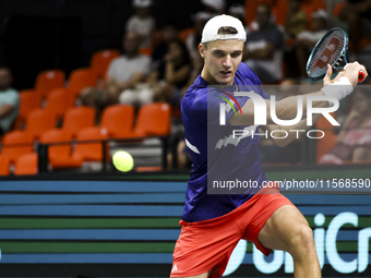 Jakub Mensik participates in the Davis Cup match between Czechia and Australia in Valencia, Spain, on September 12, 2023. (