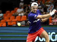 Jakub Mensik participates in the Davis Cup match between Czechia and Australia in Valencia, Spain, on September 12, 2023. (