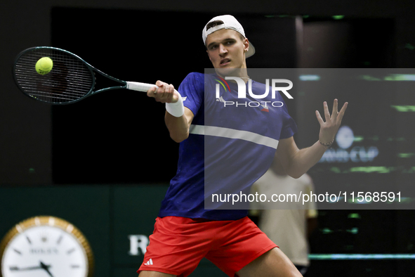 Jakub Mensik participates in the Davis Cup match between Czechia and Australia in Valencia, Spain, on September 12, 2023. 