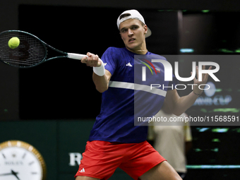 Jakub Mensik participates in the Davis Cup match between Czechia and Australia in Valencia, Spain, on September 12, 2023. (