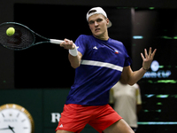 Jakub Mensik participates in the Davis Cup match between Czechia and Australia in Valencia, Spain, on September 12, 2023. (