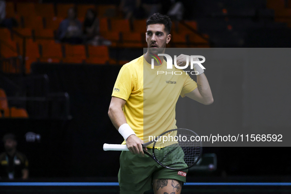 Thanasi Kokkinakis participates in the Davis Cup match between Czechia and Australia in Valencia, Spain, on September 12, 2023. 