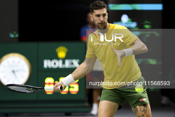 Thanasi Kokkinakis participates in the Davis Cup match between Czechia and Australia in Valencia, Spain, on September 12, 2023. 