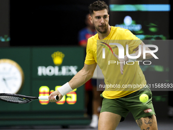 Thanasi Kokkinakis participates in the Davis Cup match between Czechia and Australia in Valencia, Spain, on September 12, 2023. (