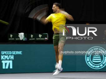 Thanasi Kokkinakis participates in the Davis Cup match between Czechia and Australia in Valencia, Spain, on September 12, 2023. (