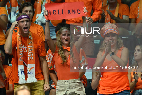 Fans in the Netherlands during the 2024 Davis Cup Finals Group Stage match between the Netherlands and Brazil at Unipol Arena in Bologna, It...