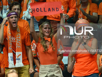 Fans in the Netherlands during the 2024 Davis Cup Finals Group Stage match between the Netherlands and Brazil at Unipol Arena in Bologna, It...