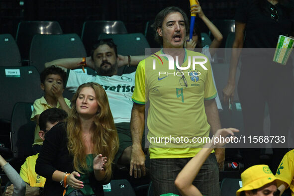 Fans in Brazil during the 2024 Davis Cup Finals Group Stage match between the Netherlands and Brazil at Unipol Arena in Bologna, Italy, on S...