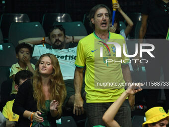 Fans in Brazil during the 2024 Davis Cup Finals Group Stage match between the Netherlands and Brazil at Unipol Arena in Bologna, Italy, on S...