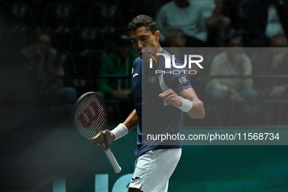 Thiago Monteiro (BRA) competes during the 2024 Davis Cup Finals Group Stage Bologna match between the Netherlands and Brazil at Unipol Arena...