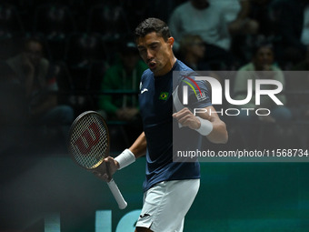 Thiago Monteiro (BRA) competes during the 2024 Davis Cup Finals Group Stage Bologna match between the Netherlands and Brazil at Unipol Arena...