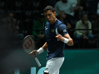 Thiago Monteiro (BRA) competes during the 2024 Davis Cup Finals Group Stage Bologna match between the Netherlands and Brazil at Unipol Arena...