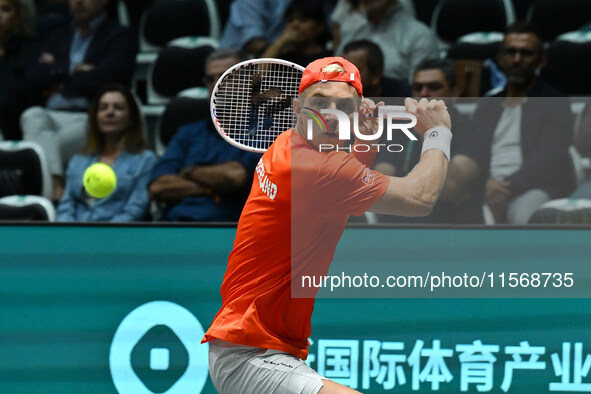 Tallon Griekspoor (NED) is in action during the 2024 Davis Cup Finals Group Stage Bologna match between the Netherlands and Brazil at Unipol...