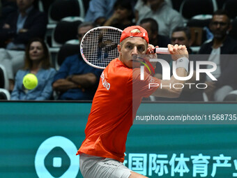 Tallon Griekspoor (NED) is in action during the 2024 Davis Cup Finals Group Stage Bologna match between the Netherlands and Brazil at Unipol...