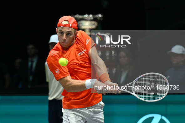 Tallon Griekspoor (NED) is in action during the 2024 Davis Cup Finals Group Stage Bologna match between the Netherlands and Brazil at Unipol...