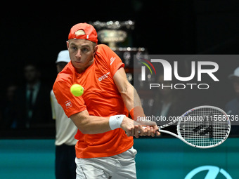 Tallon Griekspoor (NED) is in action during the 2024 Davis Cup Finals Group Stage Bologna match between the Netherlands and Brazil at Unipol...