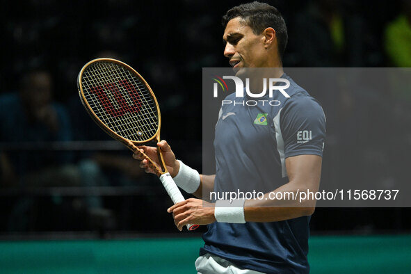 Thiago Monteiro (BRA) competes during the 2024 Davis Cup Finals Group Stage Bologna match between the Netherlands and Brazil at Unipol Arena...