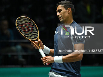 Thiago Monteiro (BRA) competes during the 2024 Davis Cup Finals Group Stage Bologna match between the Netherlands and Brazil at Unipol Arena...