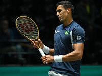 Thiago Monteiro (BRA) competes during the 2024 Davis Cup Finals Group Stage Bologna match between the Netherlands and Brazil at Unipol Arena...