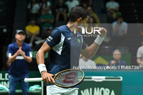 Thiago Monteiro (BRA) competes during the 2024 Davis Cup Finals Group Stage Bologna match between the Netherlands and Brazil at Unipol Arena...