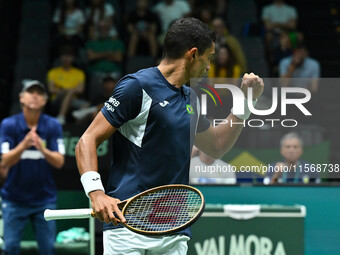 Thiago Monteiro (BRA) competes during the 2024 Davis Cup Finals Group Stage Bologna match between the Netherlands and Brazil at Unipol Arena...