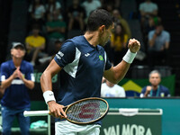 Thiago Monteiro (BRA) competes during the 2024 Davis Cup Finals Group Stage Bologna match between the Netherlands and Brazil at Unipol Arena...