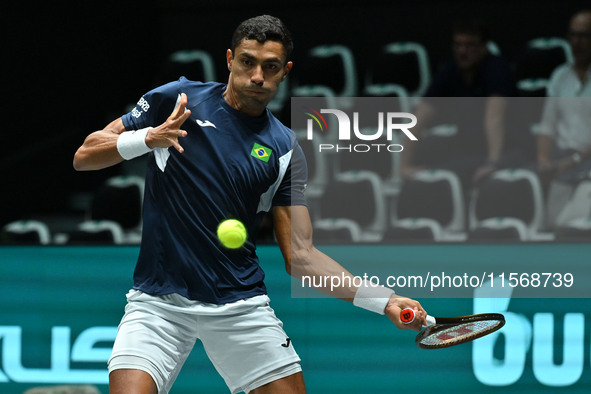 Thiago Monteiro (BRA) competes during the 2024 Davis Cup Finals Group Stage Bologna match between the Netherlands and Brazil at Unipol Arena...