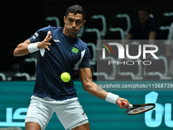 Thiago Monteiro (BRA) competes during the 2024 Davis Cup Finals Group Stage Bologna match between the Netherlands and Brazil at Unipol Arena...