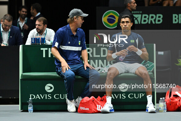 Brazil Captain Jaime Oncins and Thiago Monteiro during the 2024 Davis Cup Finals Group Stage Bologna match between the Netherlands and Brazi...