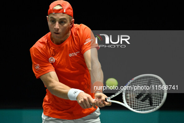 Tallon Griekspoor (NED) is in action during the 2024 Davis Cup Finals Group Stage Bologna match between the Netherlands and Brazil at Unipol...